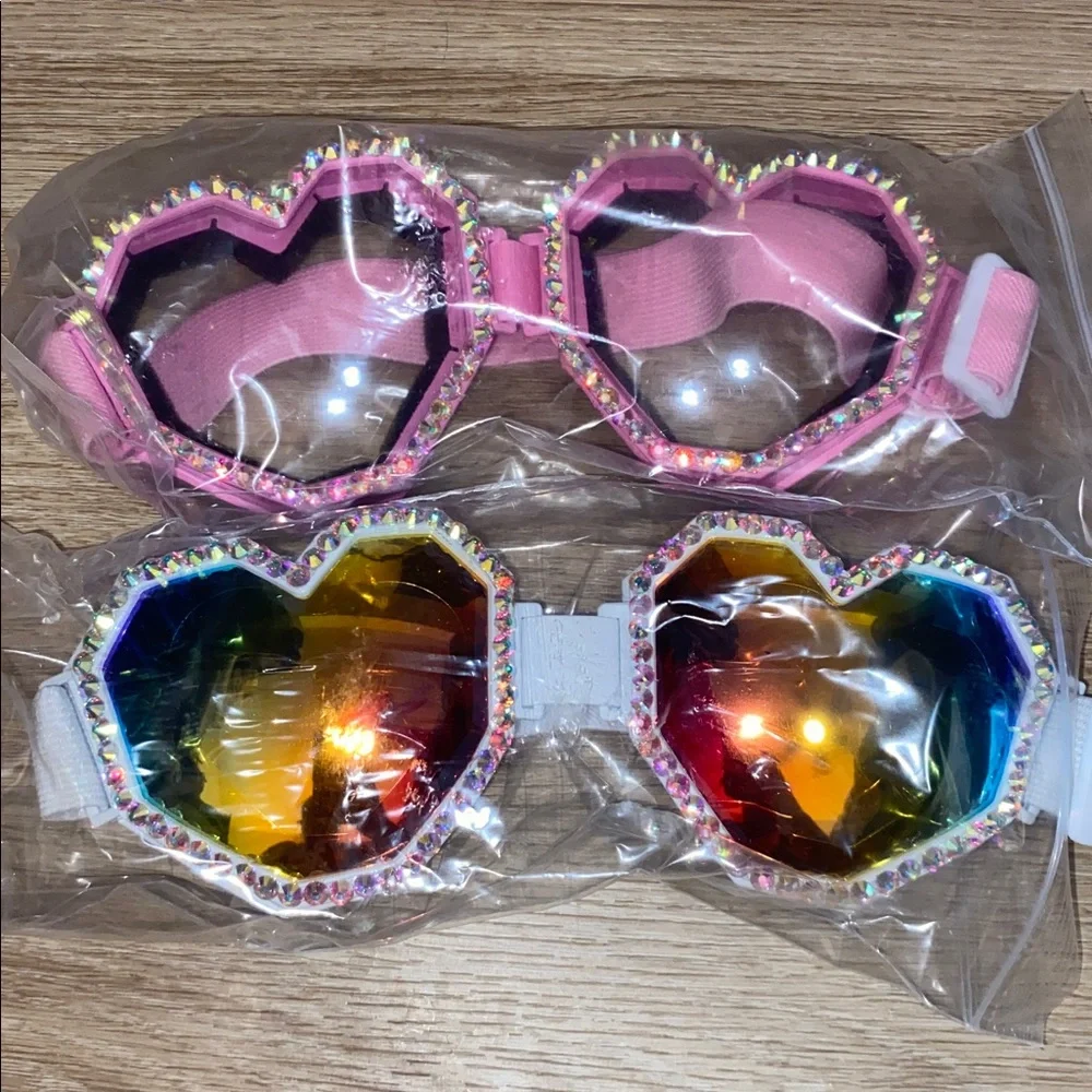 Unisex Heart Shaped Rhinestone Festival Rave Fashion Goggles Glasses